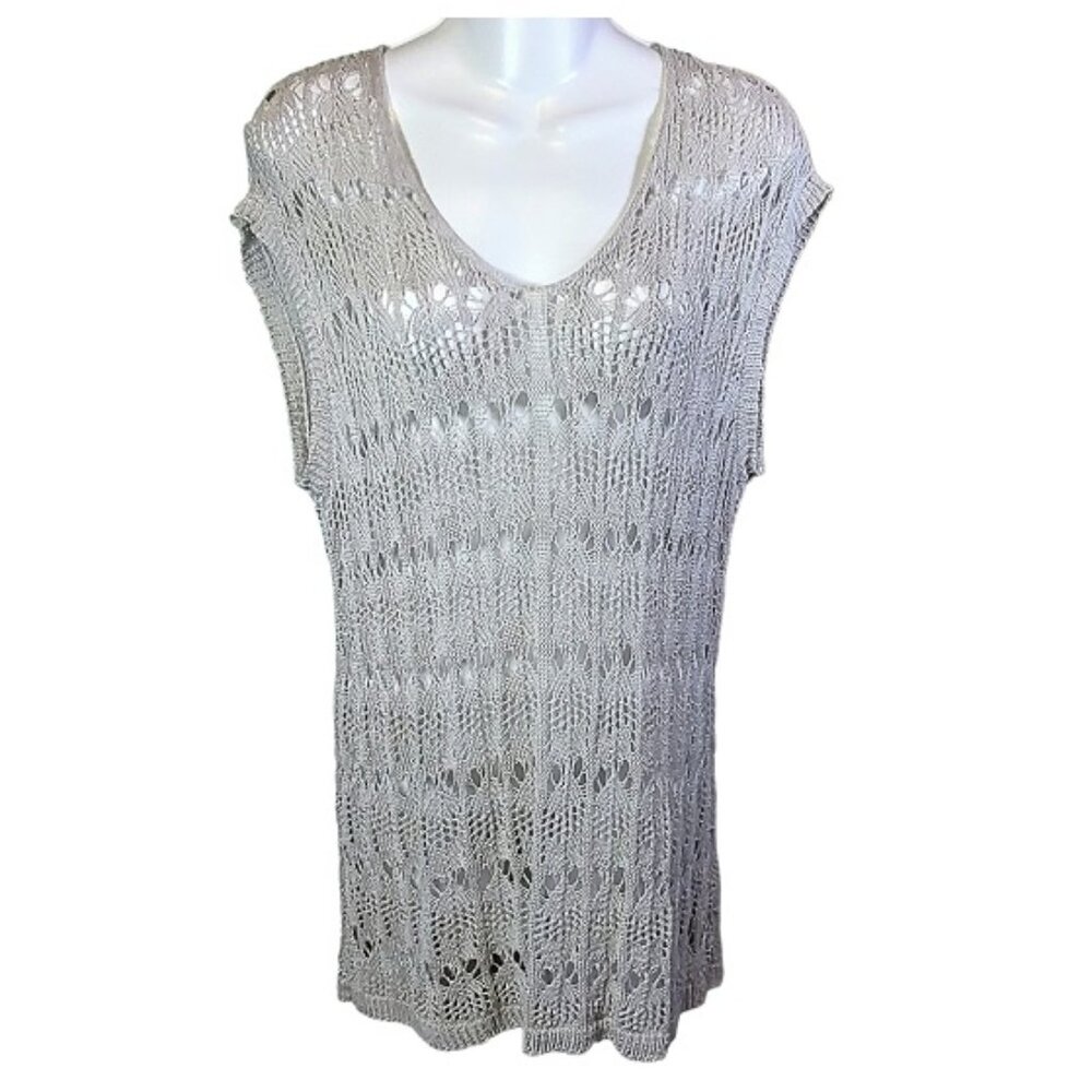 Coldwater Creek 100% Linen Beige Gray Crochet Top Sz XL 16